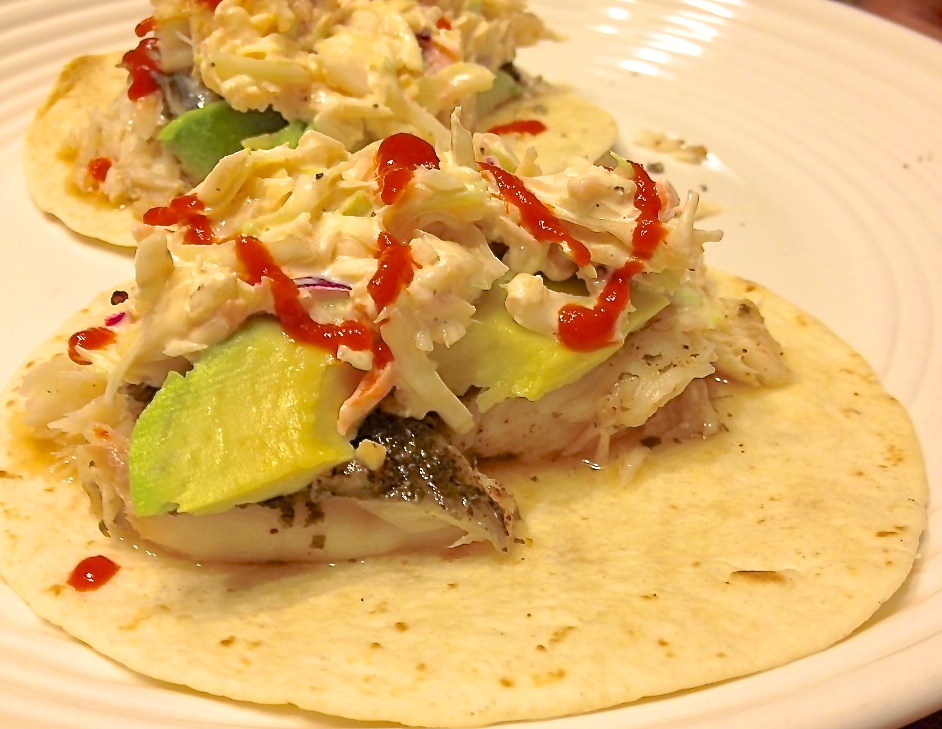 grilled fresh fish tacos with sriracha slaw